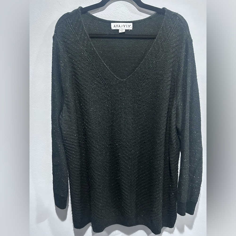 Ava & Viv Plus Size 2X V Neck Sweater Black Metallic Tunic Length